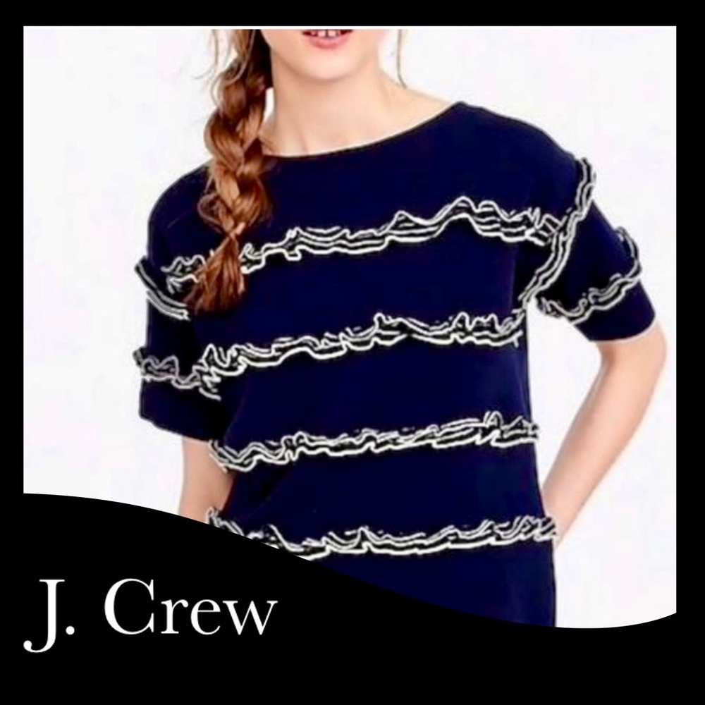J. Crew Tiered Ruffle Boatneck Sweater- Navy & Ivory- Size Medium